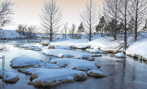 Wonderful morning winter view of a small Icelandic river with some trees and riverbanks covered with snow. Beautiful natural environment, peaceful background in Iceland. Snowy landscape with river.