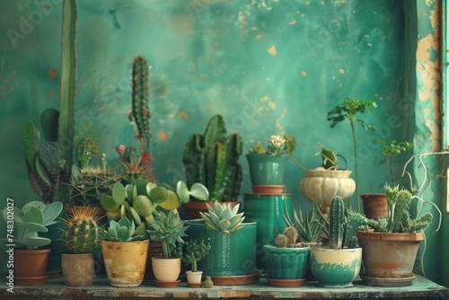 a group of plants in various pots in a decorative room