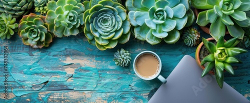 a notebook, coffee and a laptop on a blue table