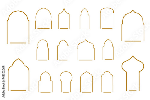 Islamic door and window shapes set. Vintage frame and retro sticker label. Arabic vintage arch windows and doors in traditional silhouettes. Architecture eastern door elements.