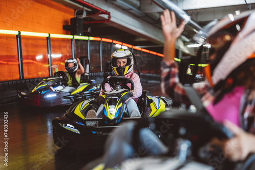 karting car crash in kart race on the circuit / accident playing on the road gesturing angry
