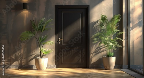 a modern front door with potted plants