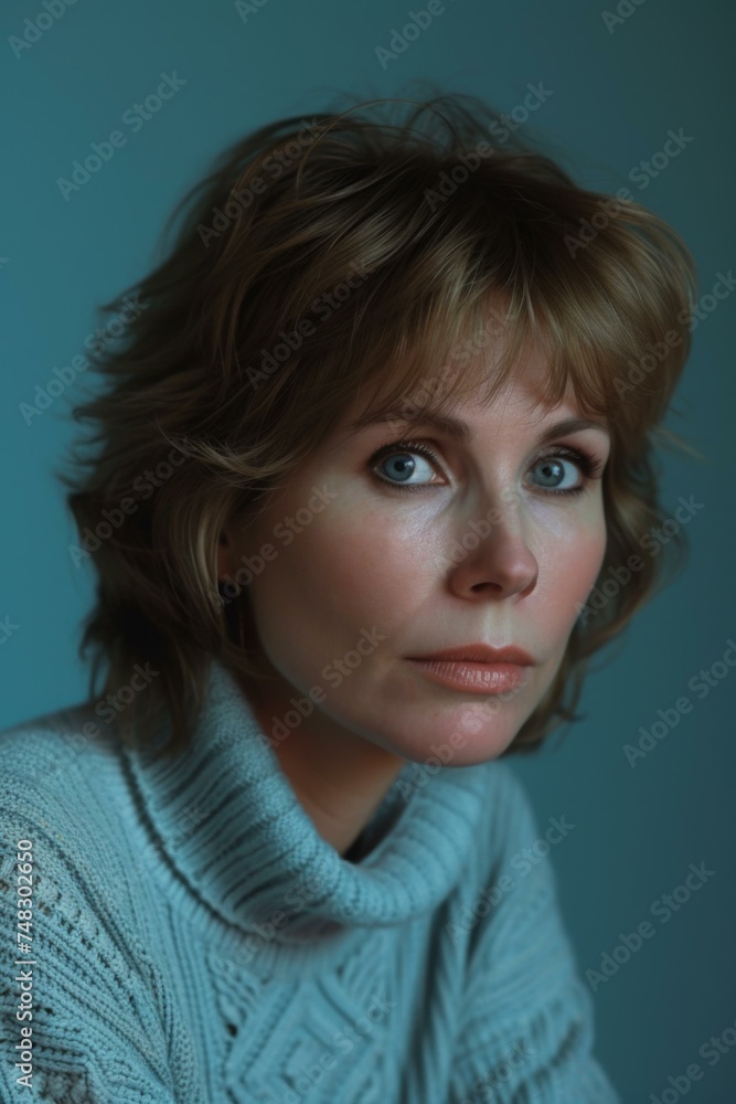 A woman with blue eyes and a sweater. Generative AI. A woman with blue eyes and a sweater. Generative AI.