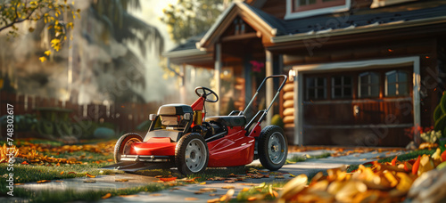 a red lawn mower in front of a house