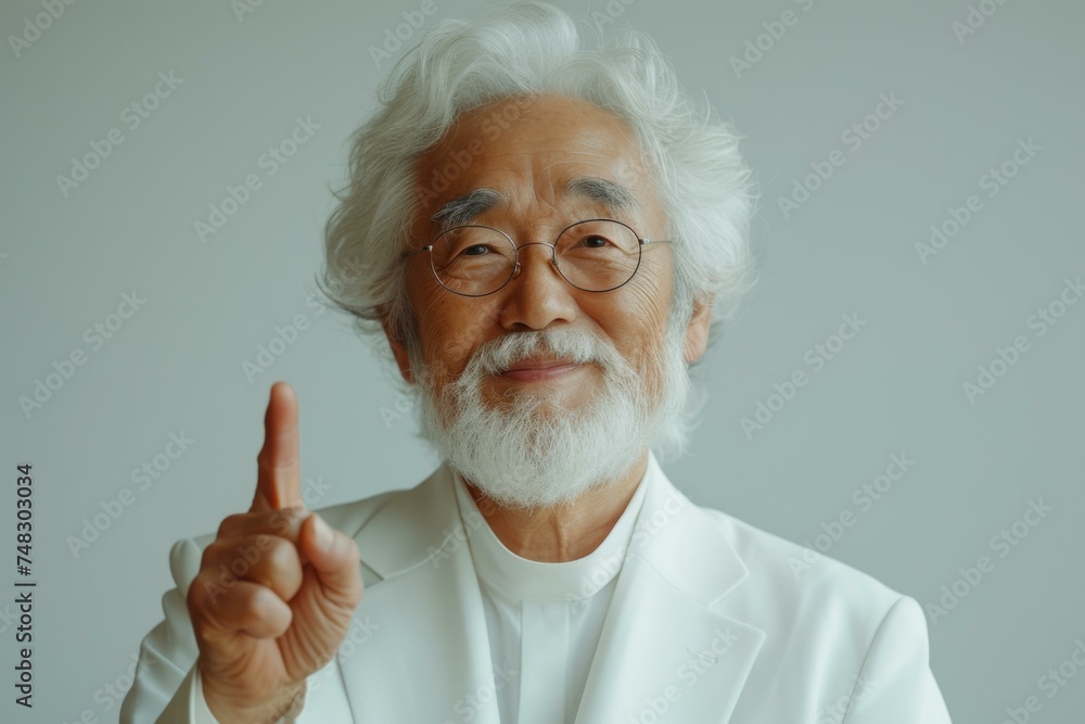 An old man with a white beard and glasses is pointing his finger. Generative AI. An old man with a white beard and glasses is pointing his finger. Generative AI.