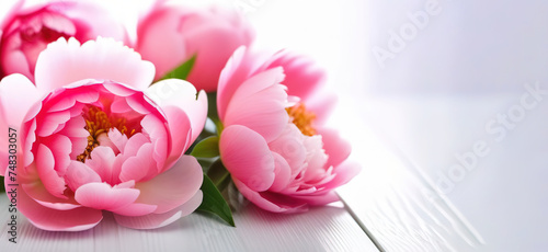 Pink coral peonies baner on the left side banner grey solid background space for text copy space close up flowerspetals leaves garden flowers
