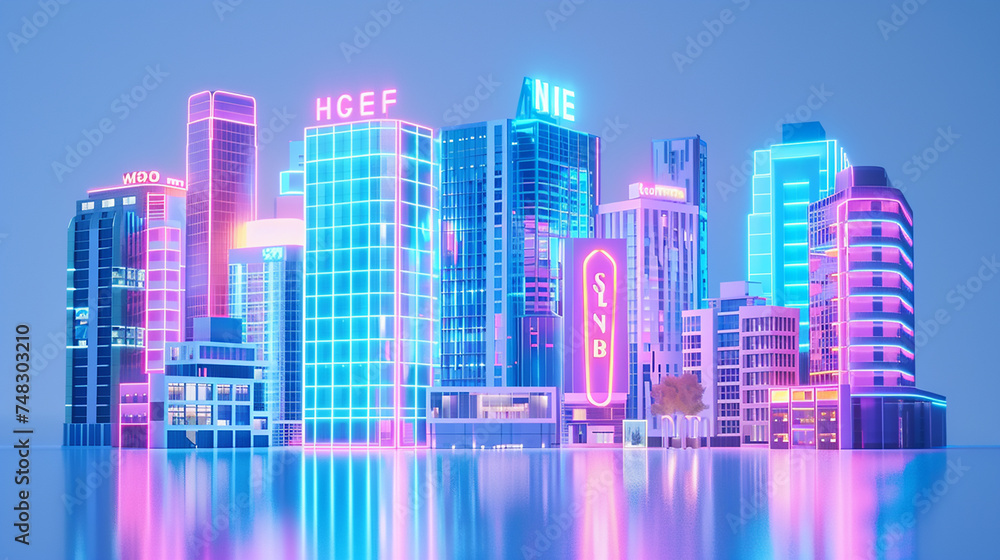 Holographic hotel building icons in a city skyline, representing travel accommodation and city stays.