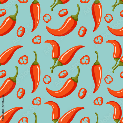 Spicy red chili pepper on light blue background seamless pattern. Vector Illustration. Great for wrapping paper, scrapbooking, fabric and backgrounds.