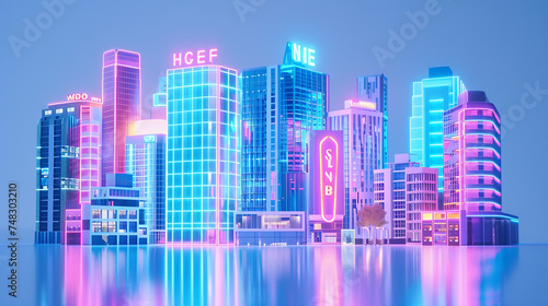 Holographic hotel building icons in a city skyline  representing travel accommodation and city stays.