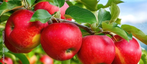 A cluster of ripe red apples is seen hanging from branches of an apple tree in an orchard. The apples are mature and ready for picking.