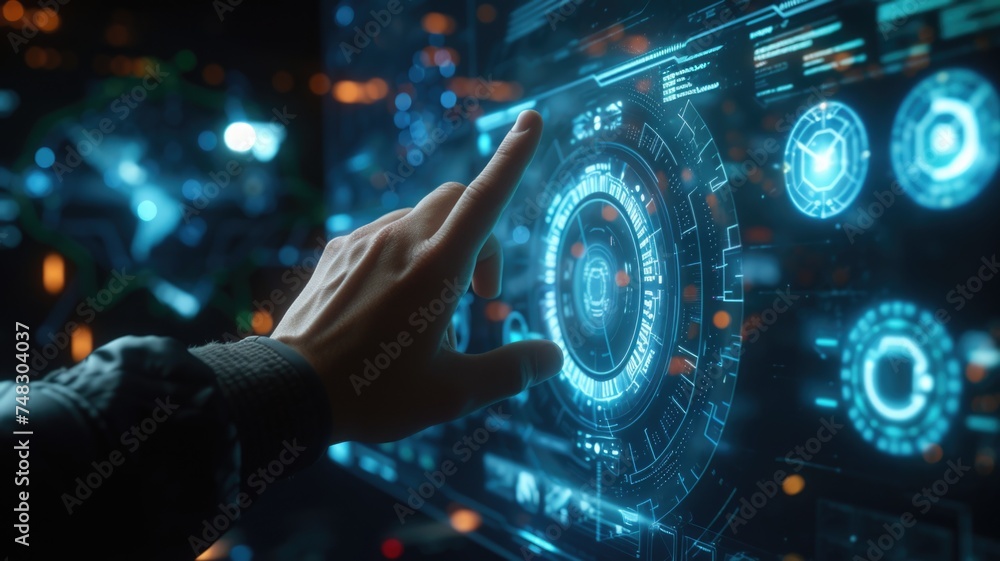 Naklejka premium Close-up of a human hand touching a futuristic holographic interface with glowing blue and white digital graphics, symbolizing advanced technology and modern user experience