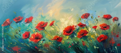 A painting featuring vivid red poppy flowers against a soothing blue background, portraying a sense of contrast and vibrancy. The flowers are the focal point, standing out beautifully against the