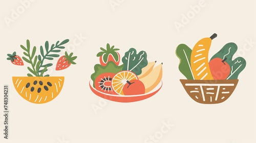 Various healthy food icons such as a salad plate, a fruit basket, and a whole grain bread, emphasizing nutritious eating. photo