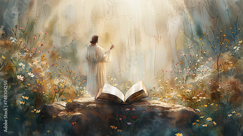 Watercolor illustration of holy bible being illuminated on Easter day, miracle, beautiful photo