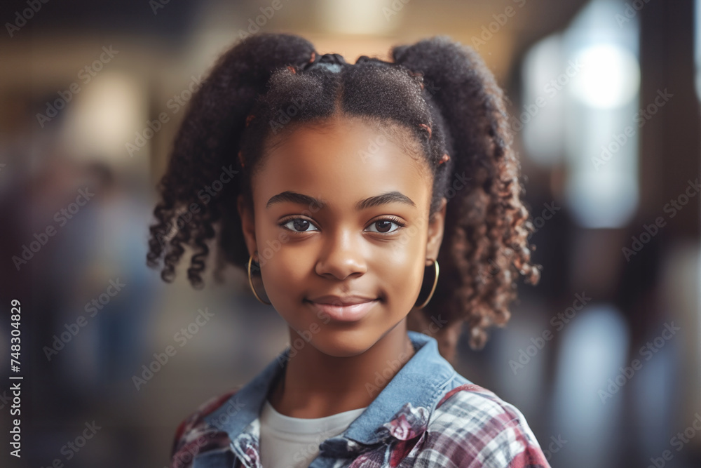 African schoolgirl stands in the school corridor generative AI African schoolgirl stands in the school corridor generative AI