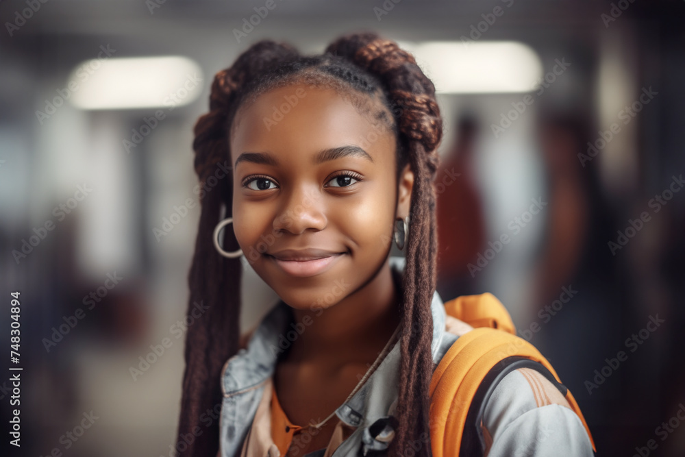 African schoolgirl stands in the school corridor generative AI African schoolgirl stands in the school corridor generative AI