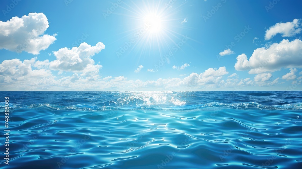 A tranquil blue ocean scene basking under the radiant sunshine, illustrating calmness and vastness of the sea