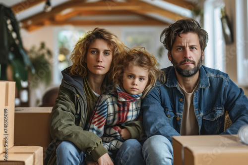 Sad stressed evicted family with little girl worried relocating house, facing forward, front shot, wide shot. Family sitting next cardboard boxes and ready to move to new house photo