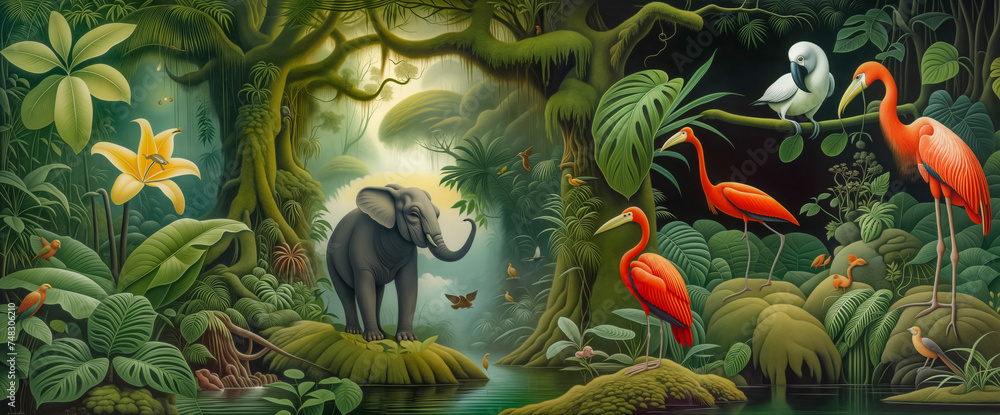 Jungle, tropical illustration. Magical fantasy animals, birds in enchanted fairy tale jungle. Amazon forest with fabulous animals, palm trees. wallpaper for kids room, interior design. mural art