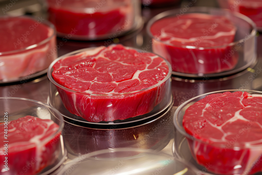 Growing meat in petri dishes from meat cells or tissues in the laboratory. Generative AI Growing meat in petri dishes from meat cells or tissues in the laboratory. Generative AI