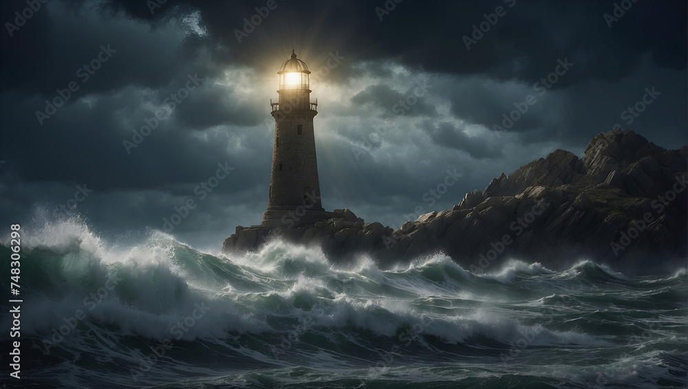 the lighthouse shines at night in a stormy sea, the concept of the path to salvation. - obrazy, fototapety, plakaty 