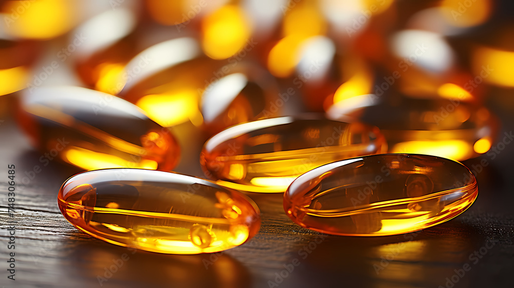 Close up of yellow fish oil or capsules, vitamin capsules and dietary supplements Close up of yellow fish oil or capsules, vitamin capsules and dietary supplements