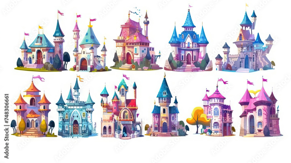 Castle Icon: Enchanted Castle for Royal Quests. Multiple Icons. Icon Concept Isolated Premium Vector. White Background
