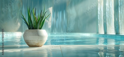 aloe vera vase on a white table in front of water at the spa