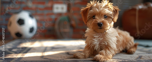 a small puppy next to a soccer ball