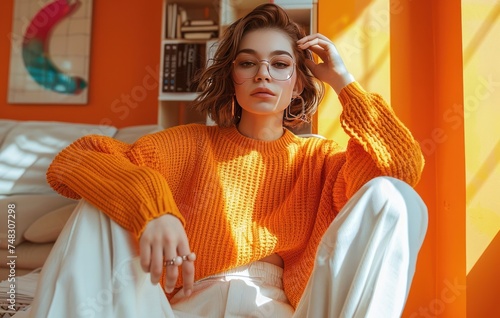 A woman sitting on a chair in an orange sweater and white pants