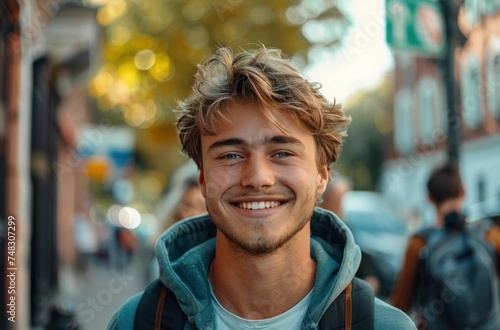 a young male student on campus holding a folder and books