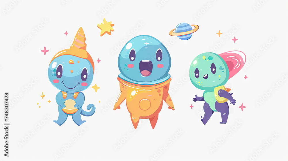 Obraz premium Alien Planet Pals: Fun and Friendly Characters for Intergalactic Adventures. Icon Concept Isolated Premium Vector. White Background