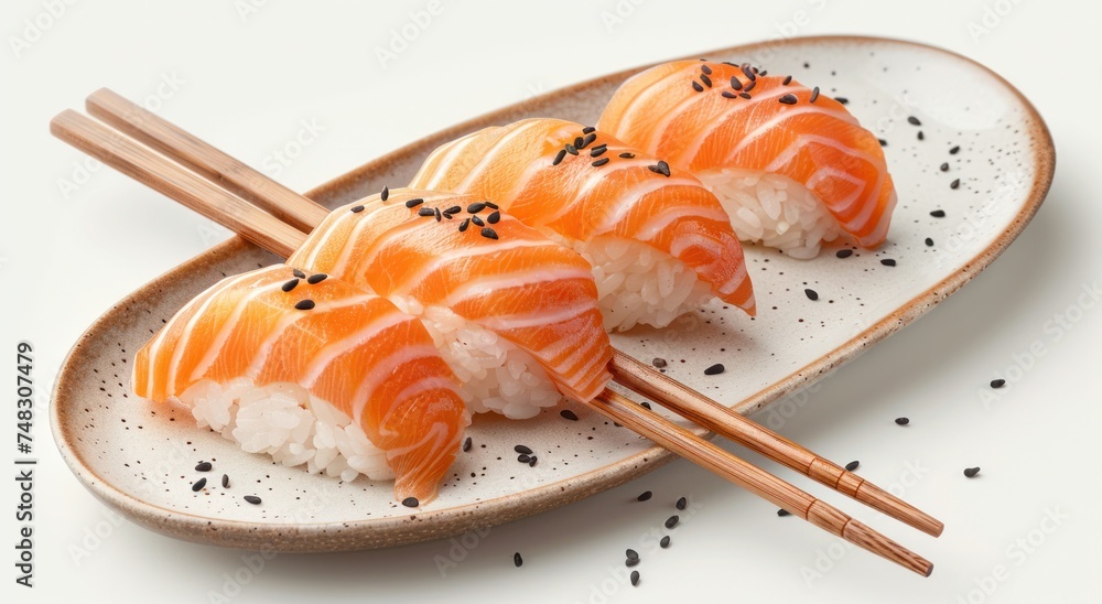 a sushi dish with salmon and chopsticks on top a sushi dish with salmon and chopsticks on top