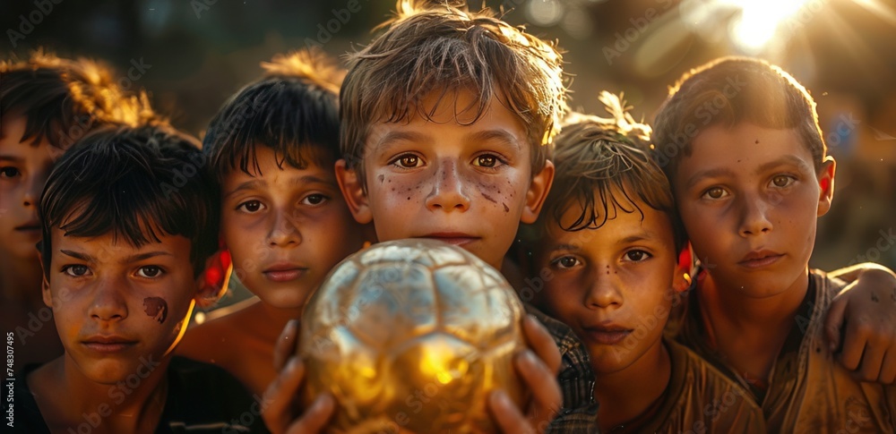 a young group of boys holding a gold ball