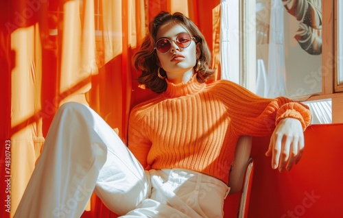 A woman sitting on a chair in an orange sweater and white pants