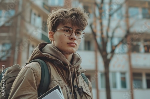 a young male student on campus holding a folder and books