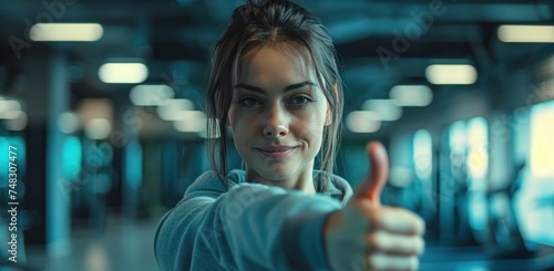 a woman showing thumb up in gym