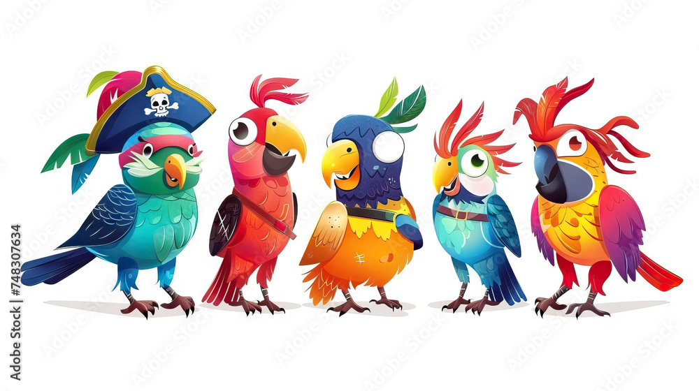 Obraz premium Pirate Parrot Crew: Quirky and Lively Characters for High Seas Adventures. Icon Concept Isolated Premium Vector. White Background