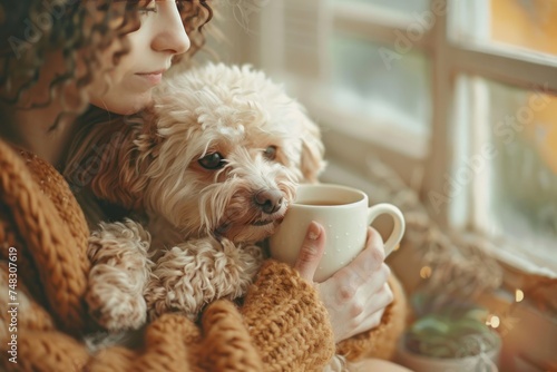 a woman holding a cup of coffee and dog