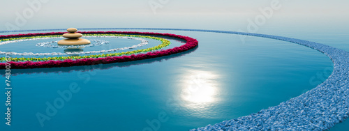 Calm Morning Zen: Beige Stones and Spiraling Floral Patterns on Water