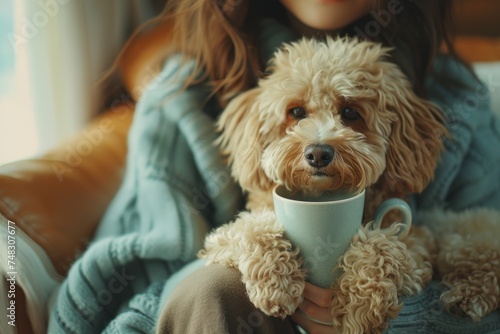 a woman holding a cup of coffee and dog