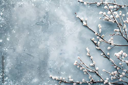 snow branches on a grey background with snow in the s photo