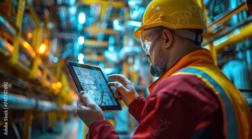 a worker wearing a hard hat with protective gear holds up a tablet at the ind...