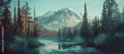 A painting showcasing a spectacular mount enveloped by majestic evergreen forest on each side, with a serene river flowing through the scene. photo