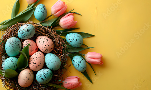 Easter eggs in nest with tulips on yellow wooden background.