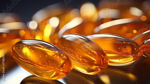 Close up of yellow fish oil or capsules, vitamin capsules and dietary supplements