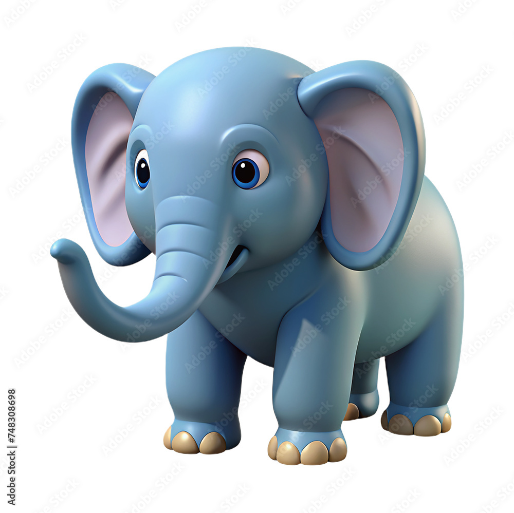 3d Blue cartoon elephant isolated on a transparent background.
