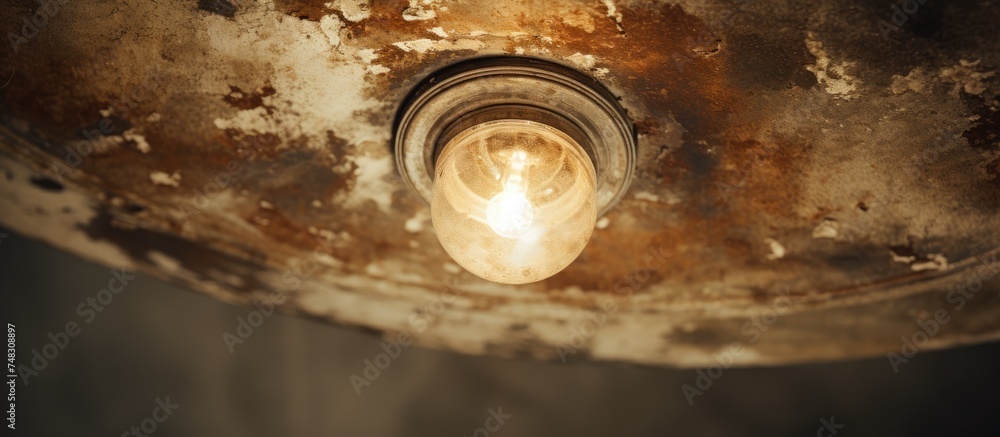 An old ceiling spot light is turned on, casting light in a room. The light shows signs of wear and markings on its surface. An old ceiling spot light is turned on, casting light in a room. The light shows signs of wear and markings on its surface.