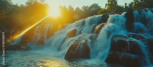 The sun illuminates the Keralas Athirampalli waterfall, creating a stunning visual of light and water. photo