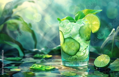 an iced cucumber drink with lime wedges on top